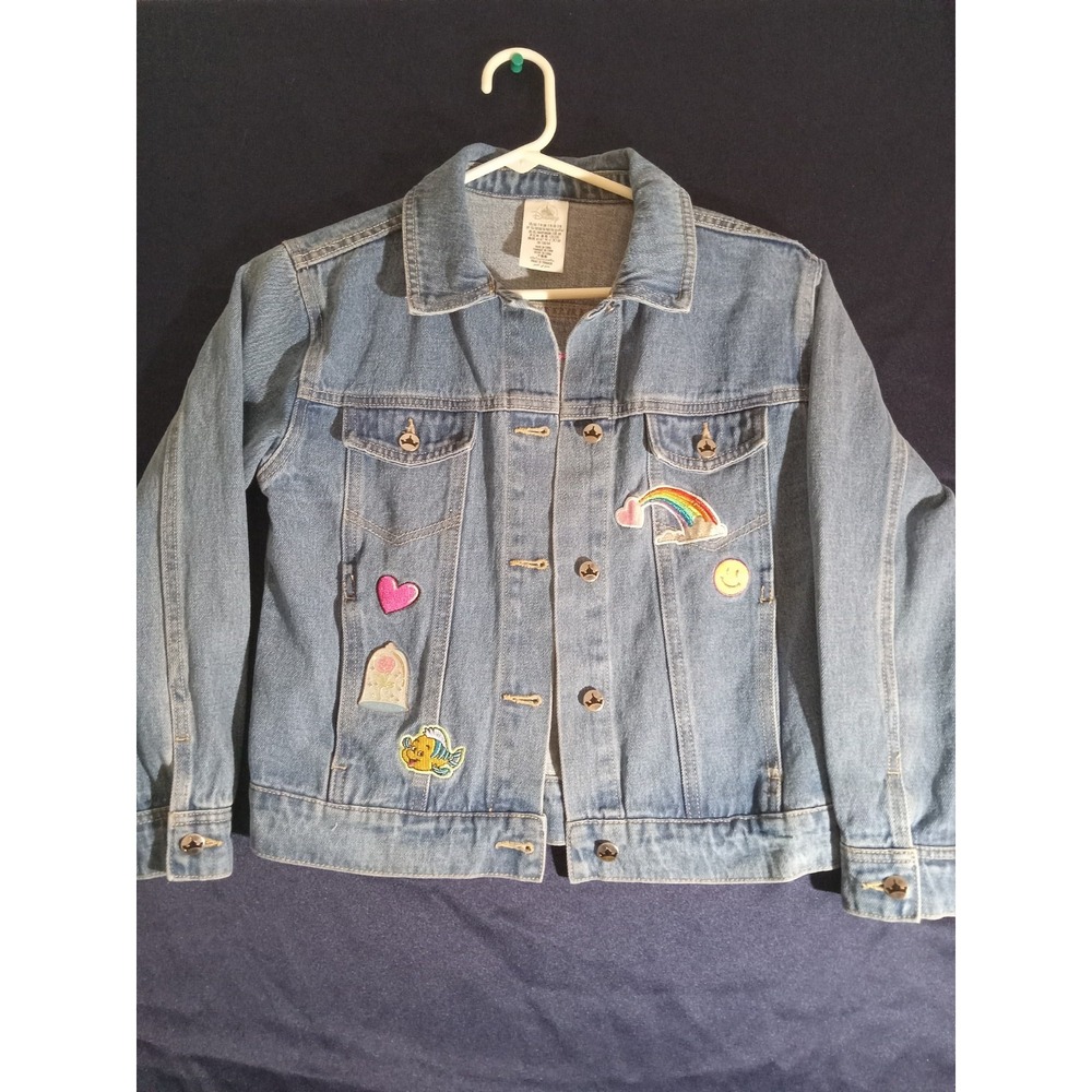 Disney Girls Jean Jacket Princess Appliqué Castle Flounder Rainbow 7-8 Embroider